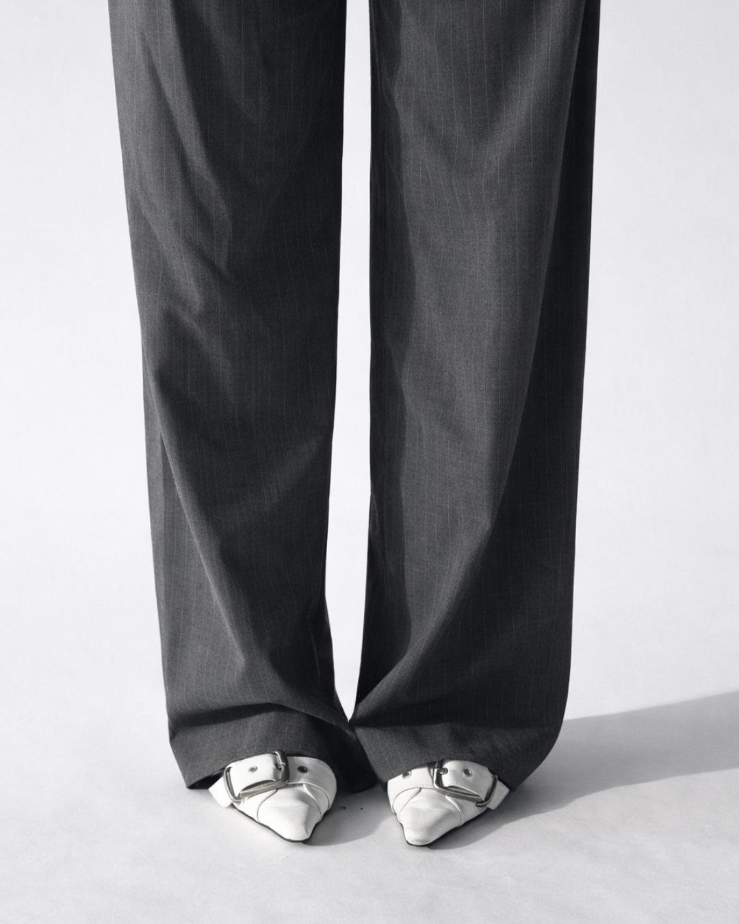 Cleo Low Belted Pants - Grey Pinstripe
