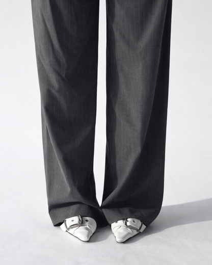 Cleo Low Belted Pants - Grey Pinstripe