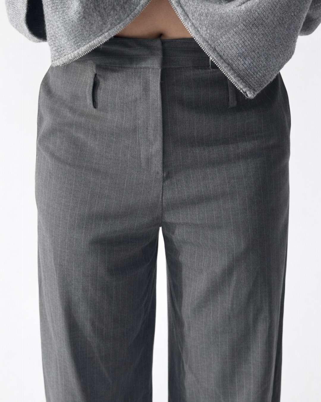 Cleo Low Belted Pants - Grey Pinstripe