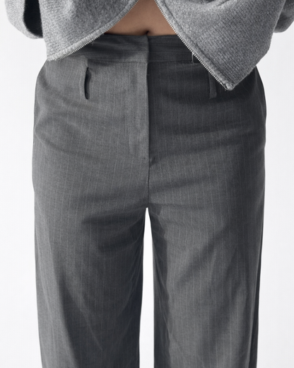 Cleo Low Belted Pants - Grey Pinstripe