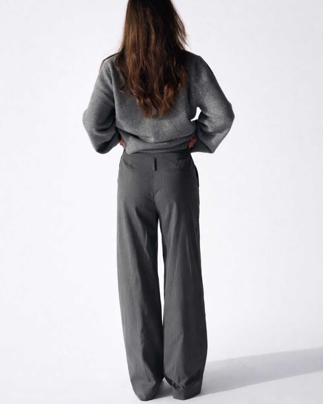 Cleo Low Belted Pants - Grey Pinstripe
