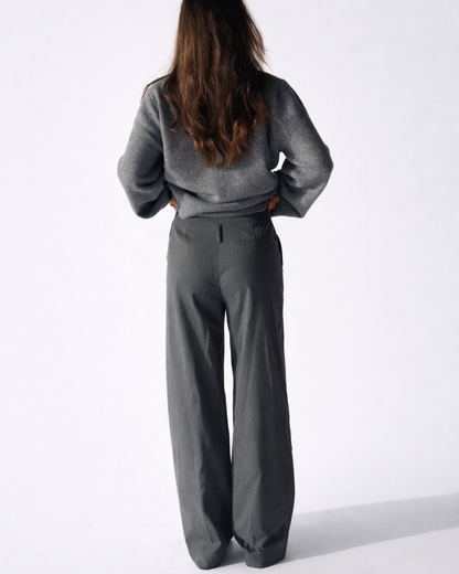 Cleo Low Belted Pants - Grey Pinstripe