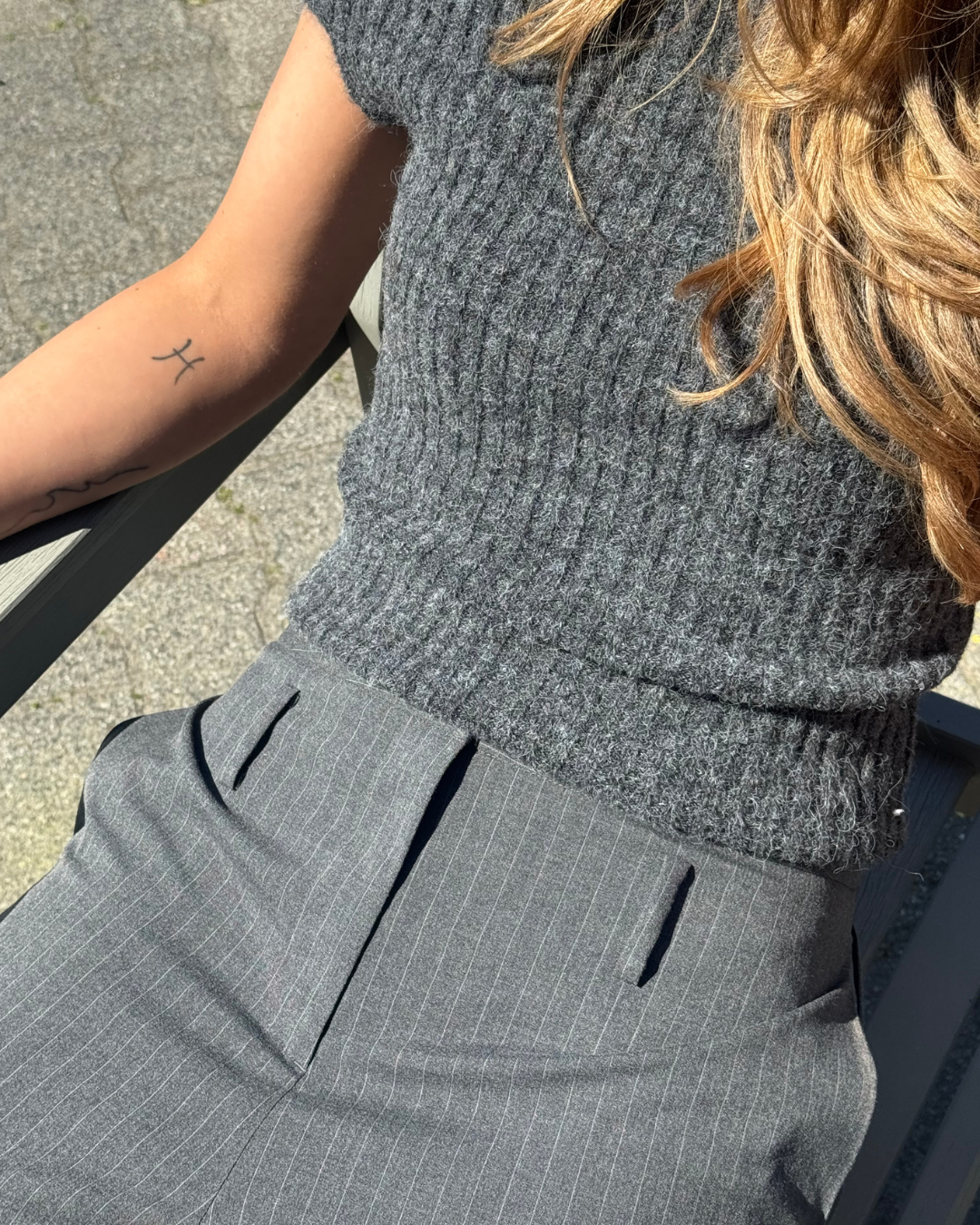 Cleo Low Belted Pants - Grey Pinstripe