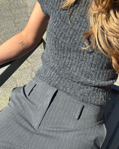 Cleo Low Belted Pants - Grey Pinstripe