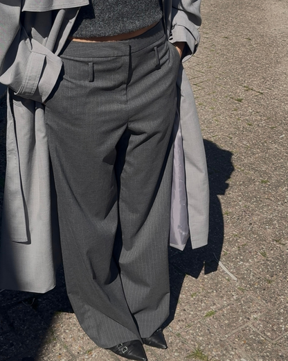 Cleo Low Belted Pants - Grey Pinstripe