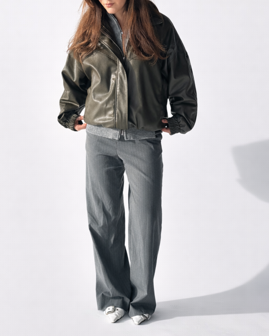 Cleo Low Belted Pants - Grey Pinstripe