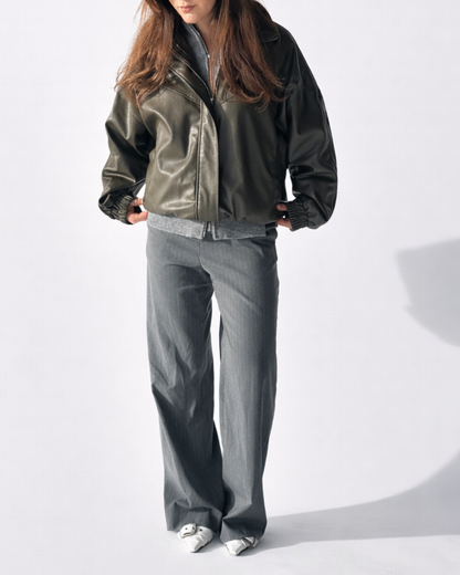 Cleo Low Belted Pants - Grey Pinstripe